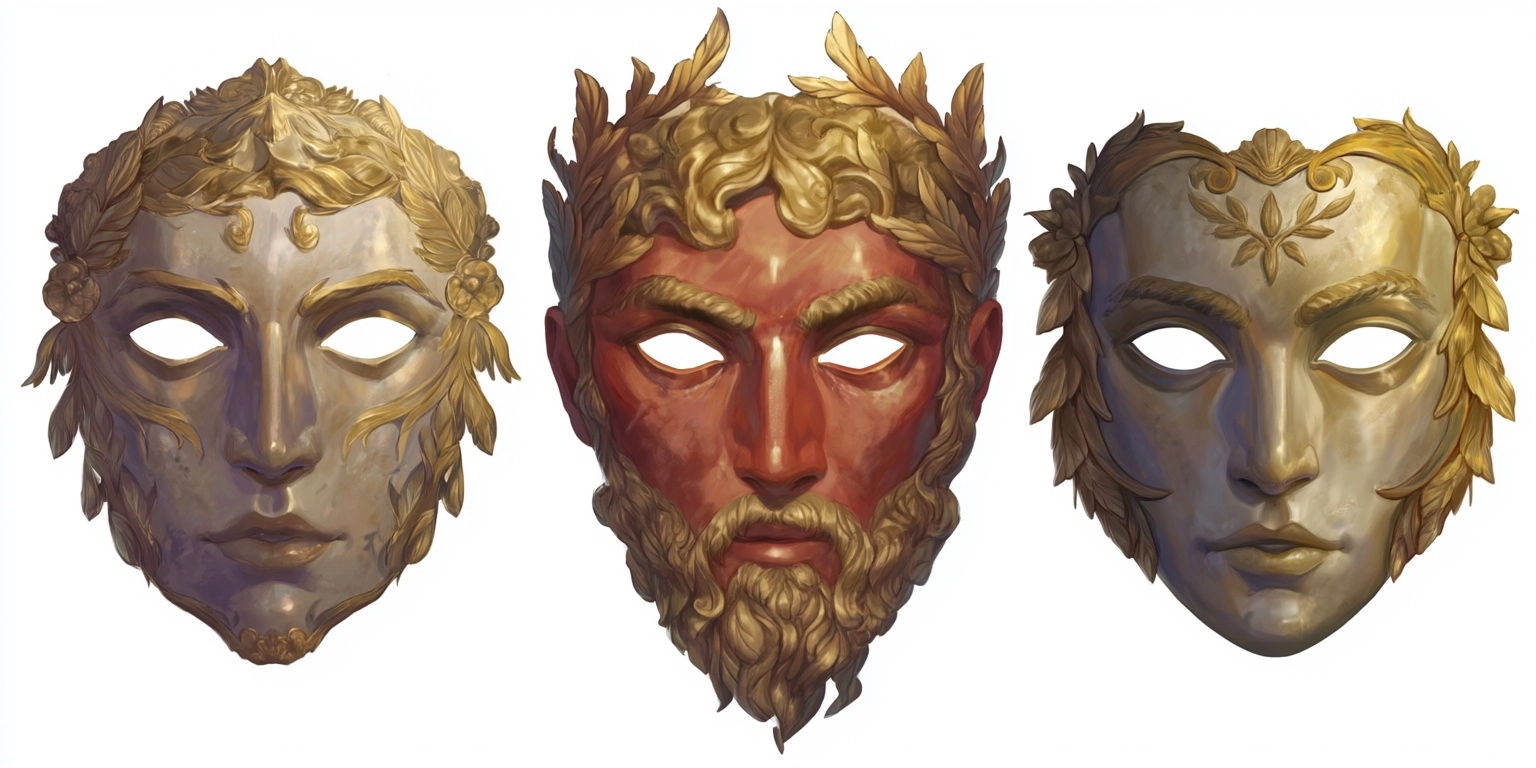 An theater greek inspired set of masks, white background, fantasy setting, D&D art