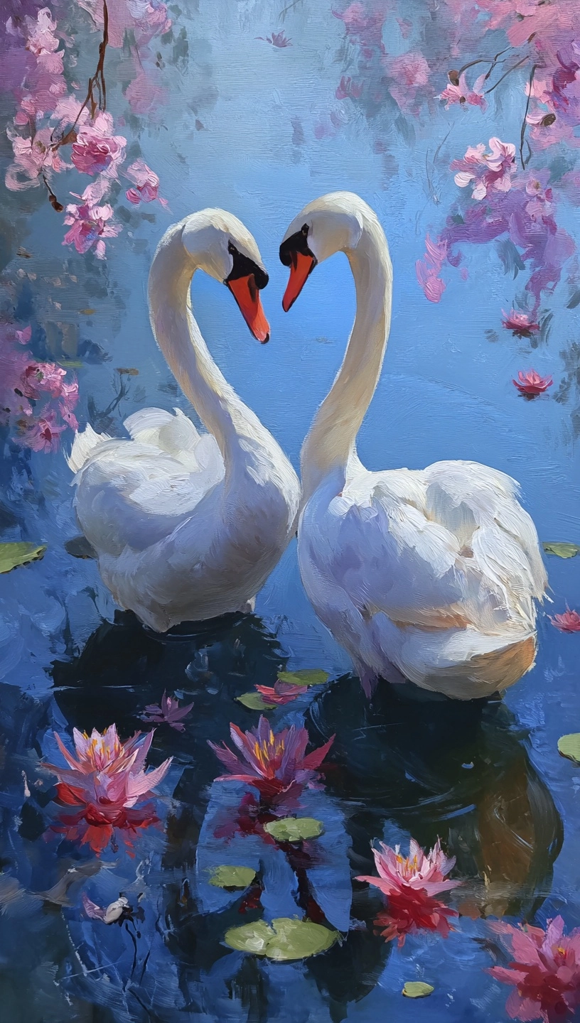 Two white swans in love, a pond with pink flowers, an oil painting in the style of a fantasy artist