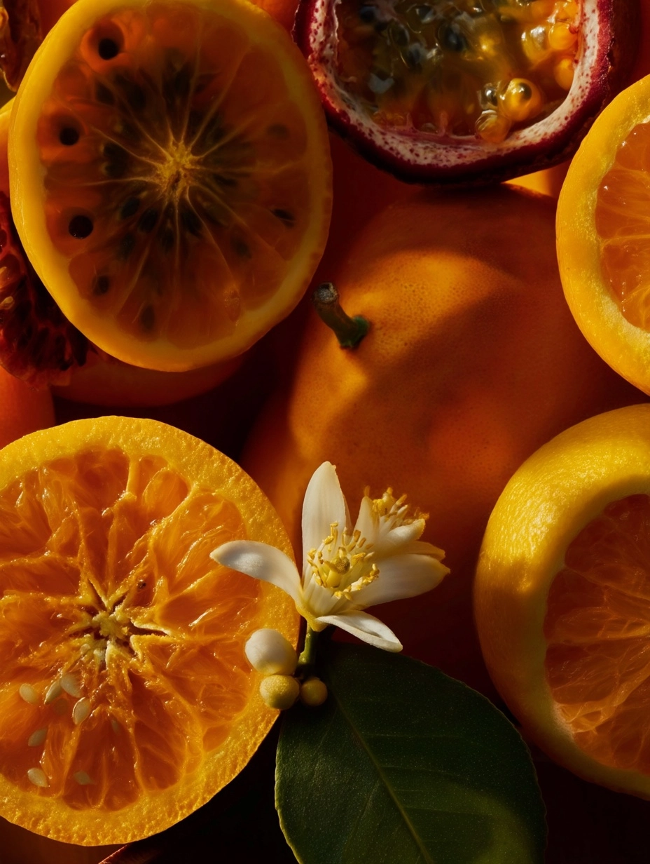 Various coloured citrus fruits, a glimpse of passion fruit behind the citrus, Citrus blossom