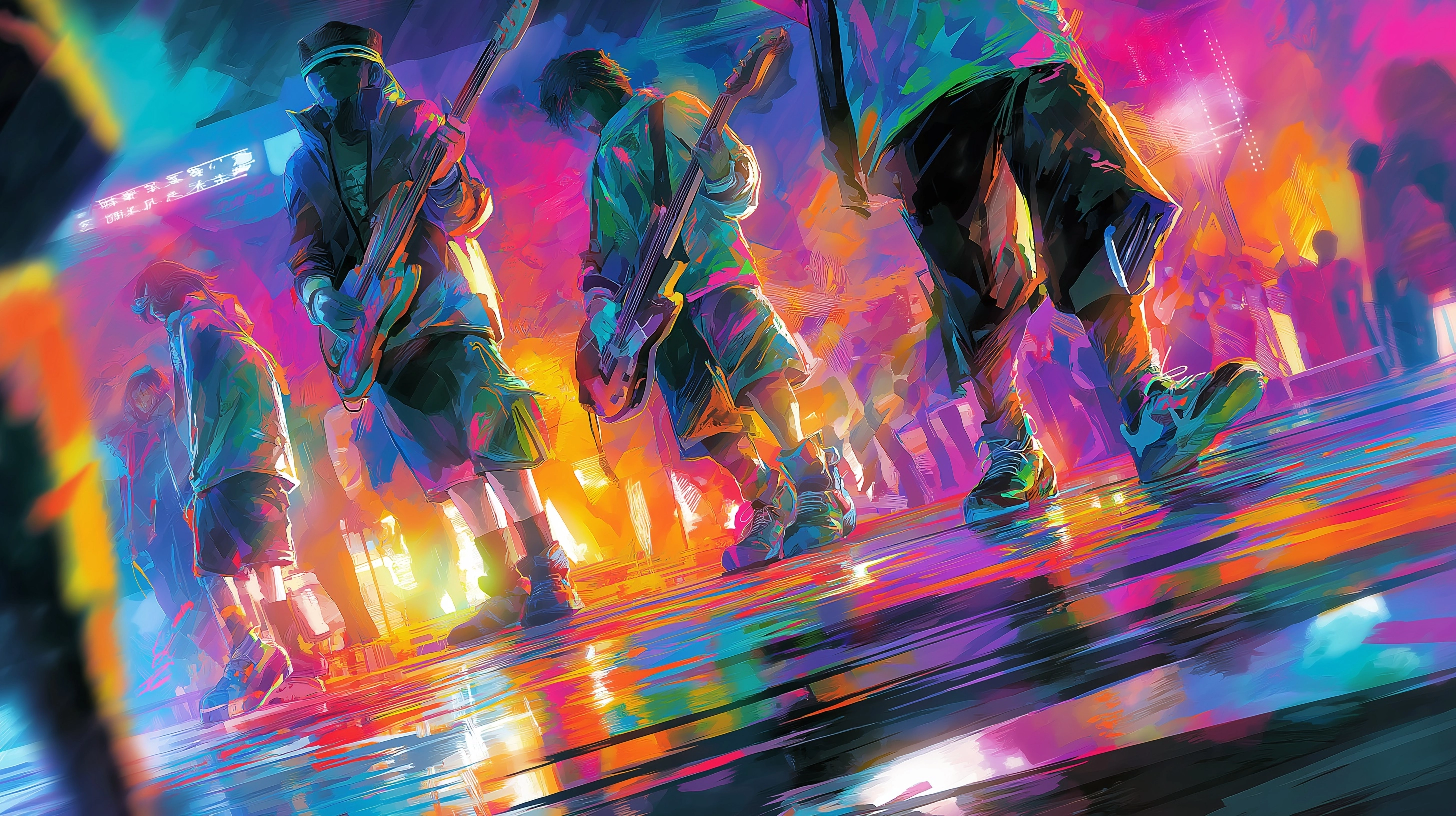 Japanese animation style, street band performing at night, neon lights reflection on wet pavement