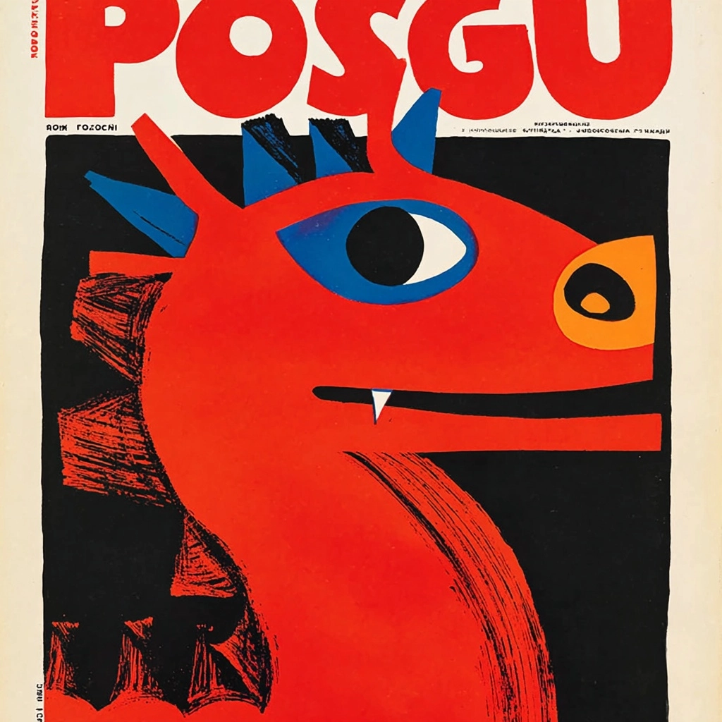 A dragon logo in Polish Art School style, Polska Szkoła Plakatu style