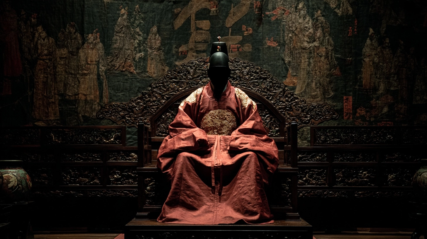 A Joseon Dynasty king is seated on the throne. The background is dark and black. The king's face doe