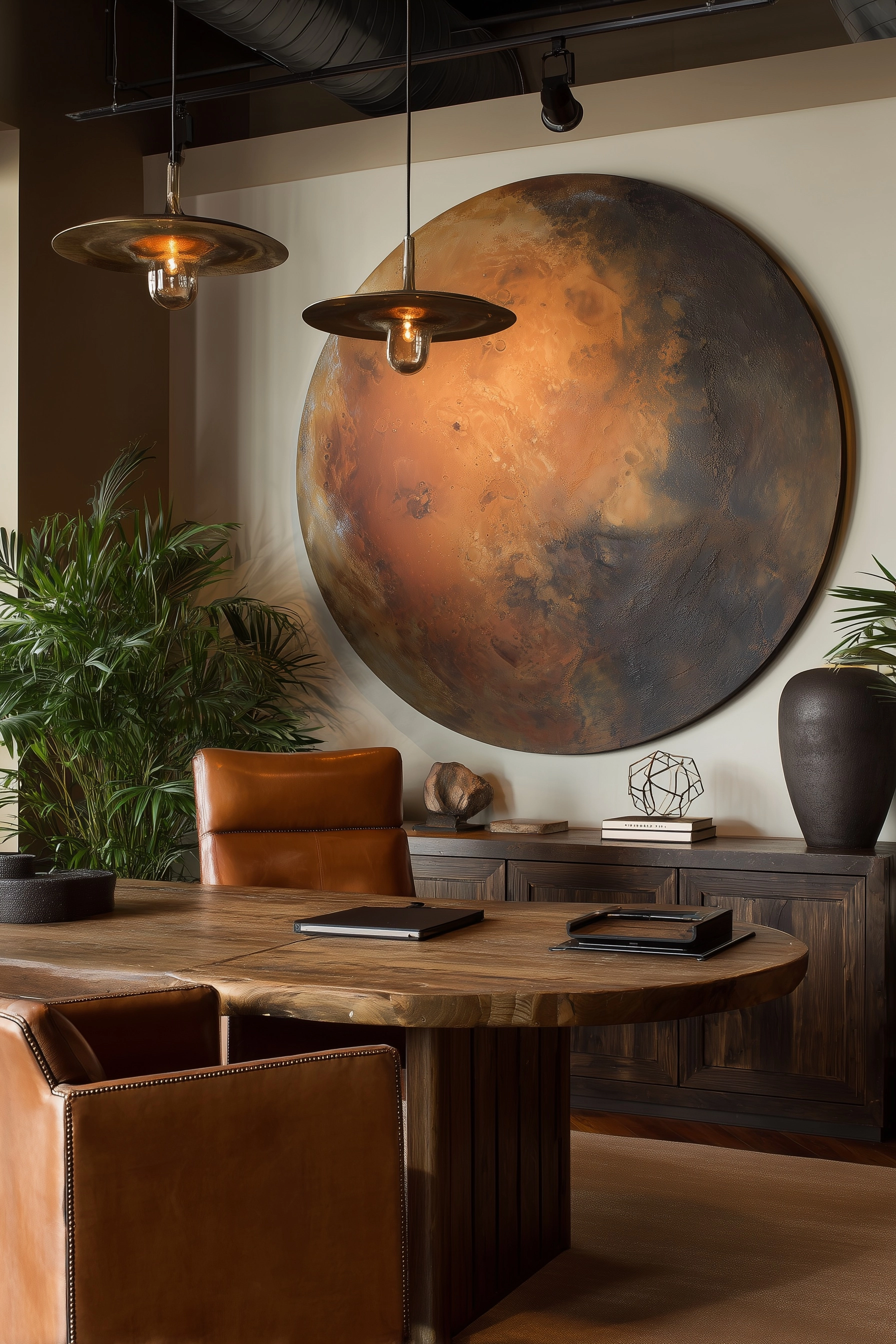 A rustic, industrial-style home office with an oversized round wall art featuring the planet mars ha