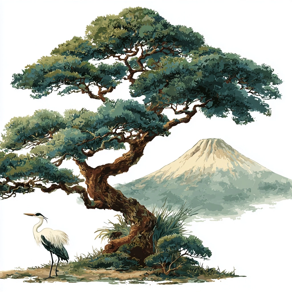 Classic japanese illustration of mount fuji, tree in the forgeound, Heron, anime