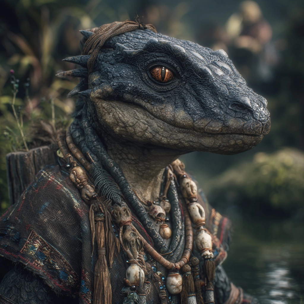 A black scaled lizardfolk with draconic eyes dressed in shamanic clothes with bones on them