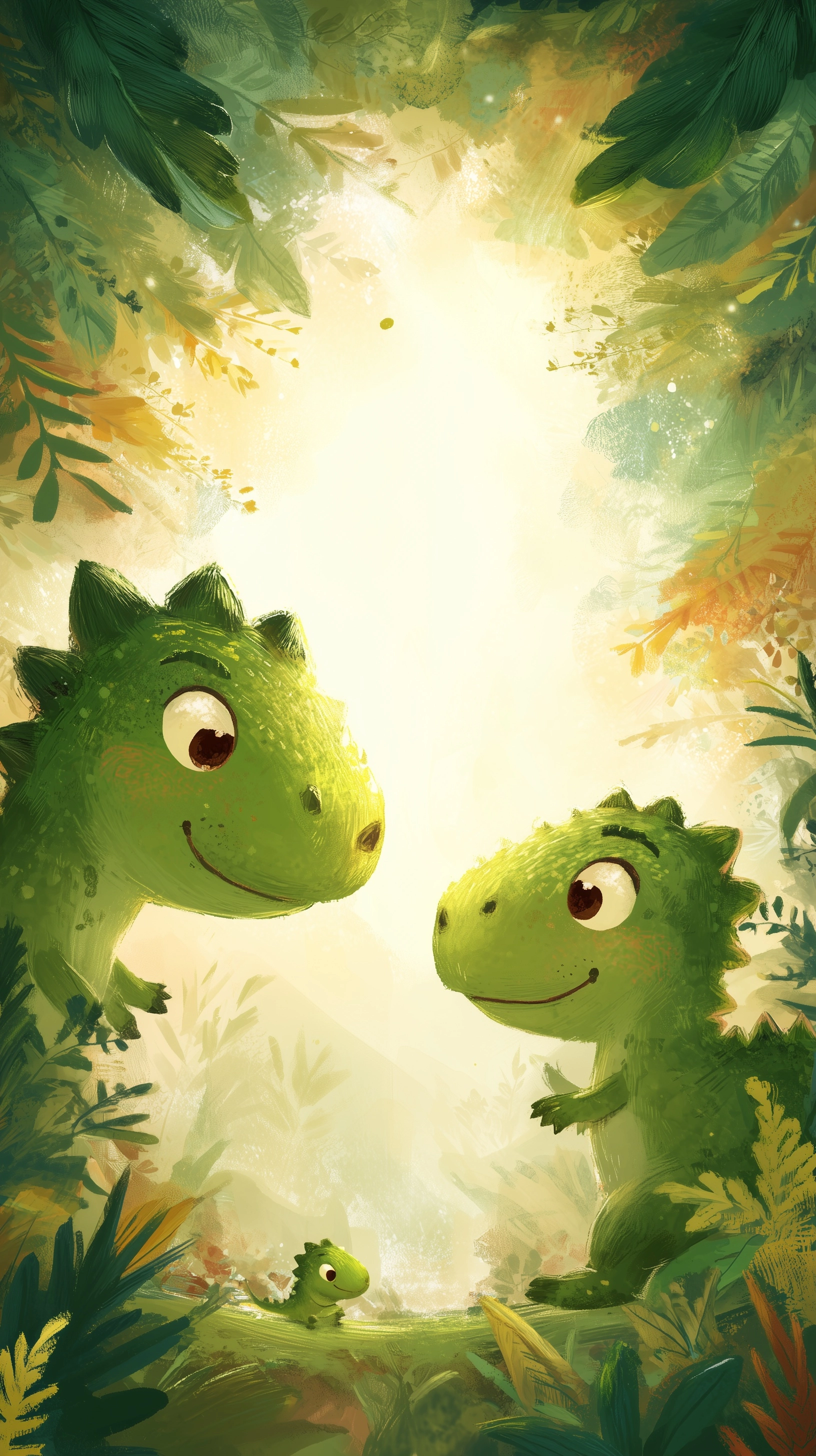 Cute baby dinosaurs in a lush prehistoric jungle, vertical poster composition