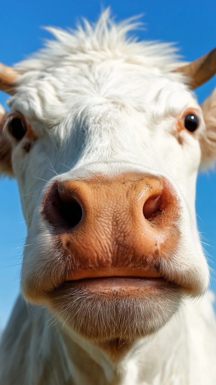 Extreme close-up cow face with nose slightly too close to camera, subtle wide-angle distortion