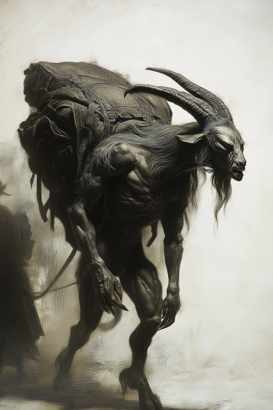 Hyper realistic pencil drawing of a grotesque and lithe/wiry/muscular goat-headed humanoid with a gi