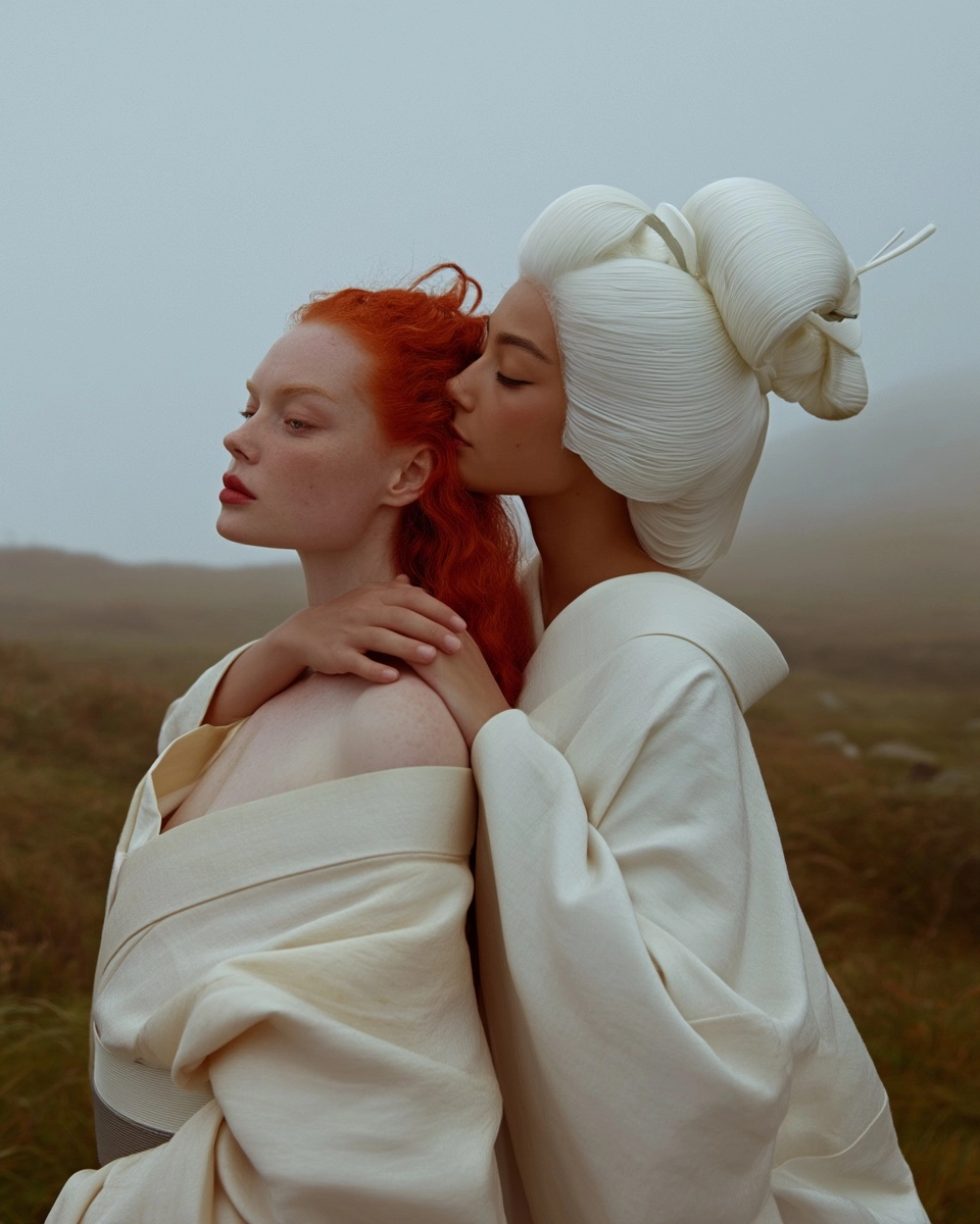 Two women as historical Japanese geisha, close portrait, red-haired Slavic woman with pale skin