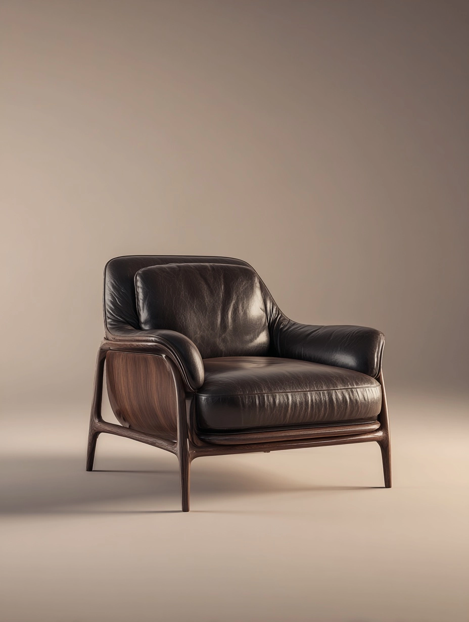 Low-slung wide executive lounge Single sofa, subtle wraparound backrest, gently flared armrests