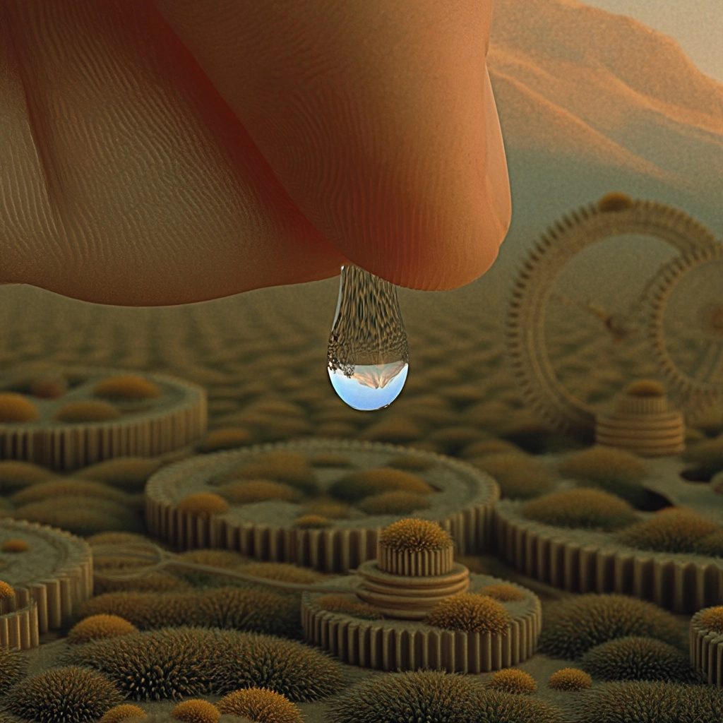 A close-up of a human hand gently holding a perfectly still drop of water that reflects an entire la