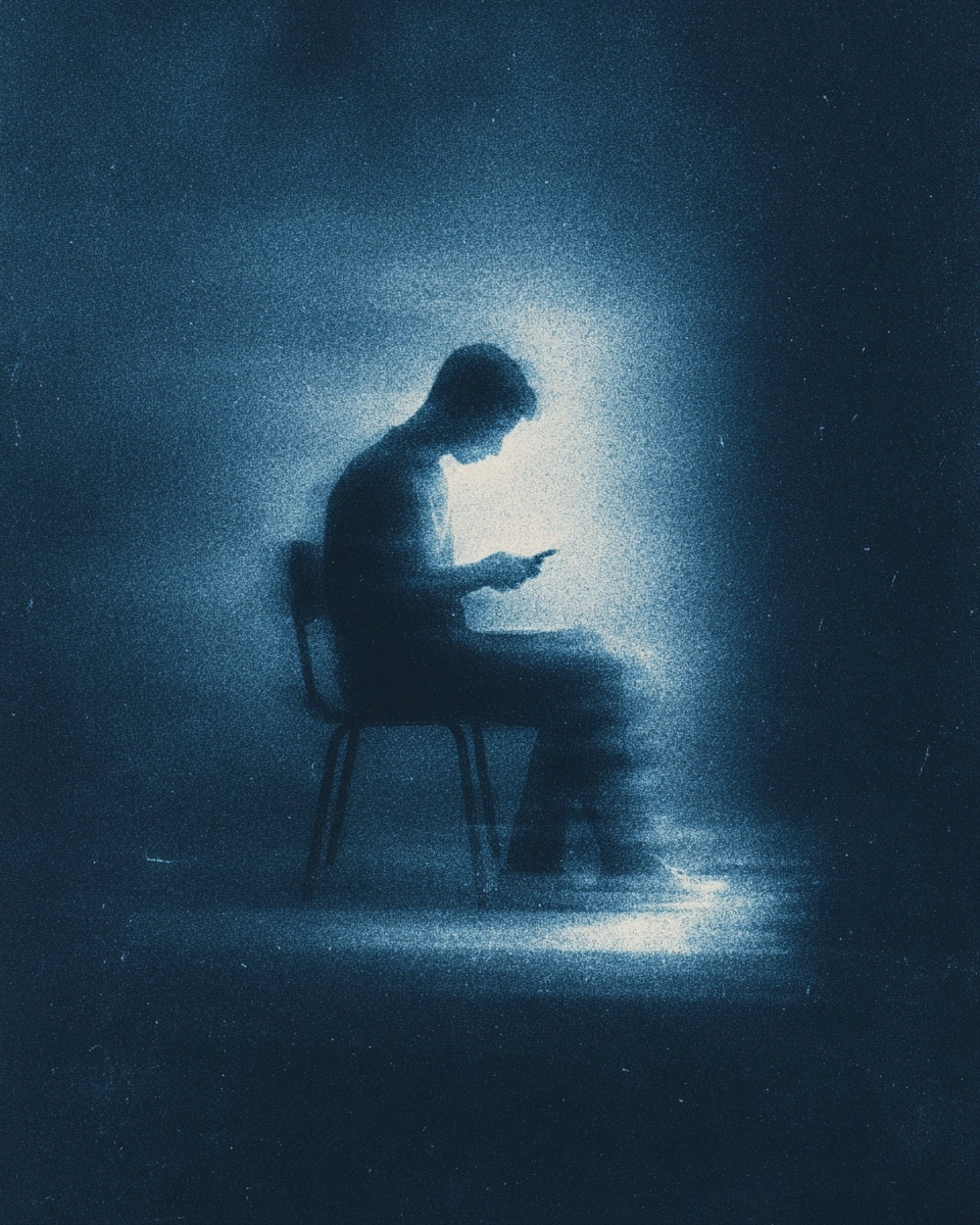 Minimal cinematic poster, textured grainy dark blue background