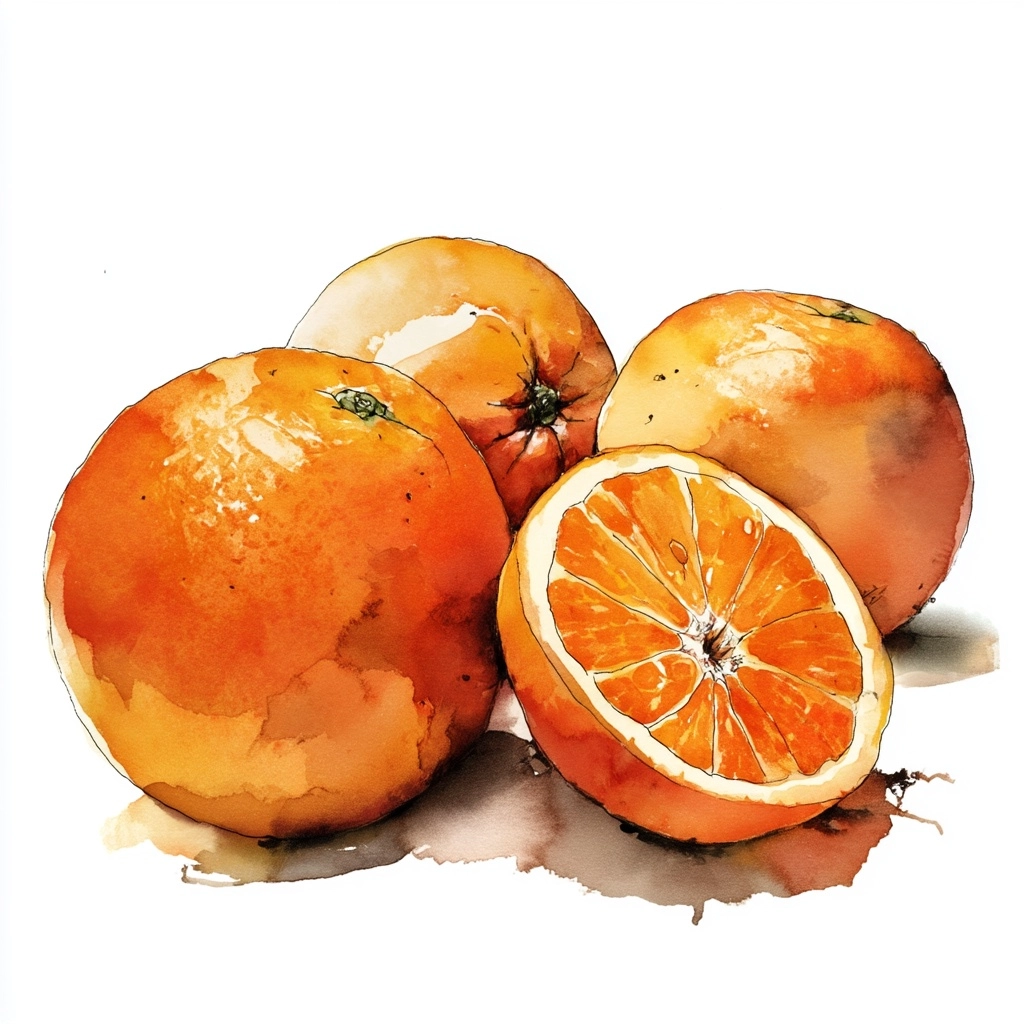 Natural hand-painted style illustration of 2 to 3 oranges, loosely grouped together