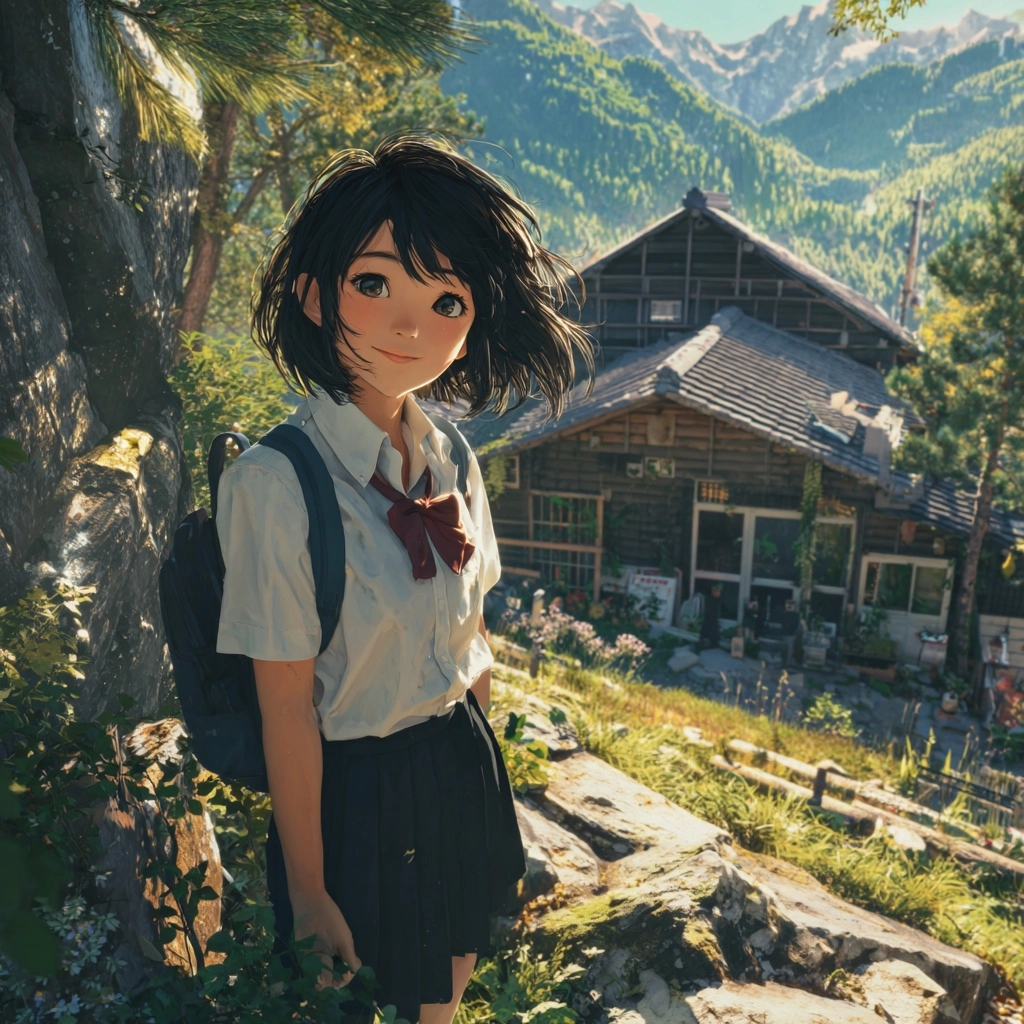 Same Japanese high school girl with black medium-length hair in school uniform