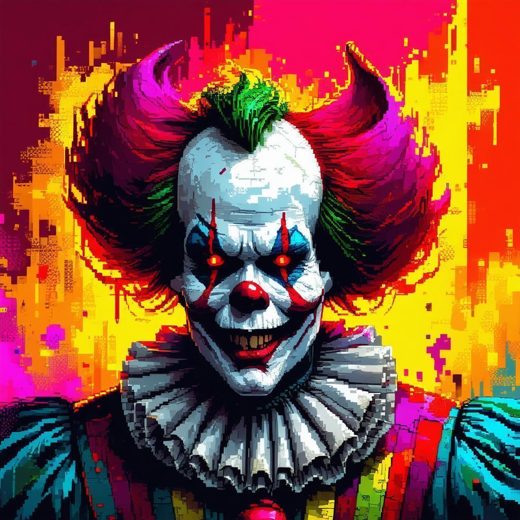 Death Clown Grinning in Retro Pixels