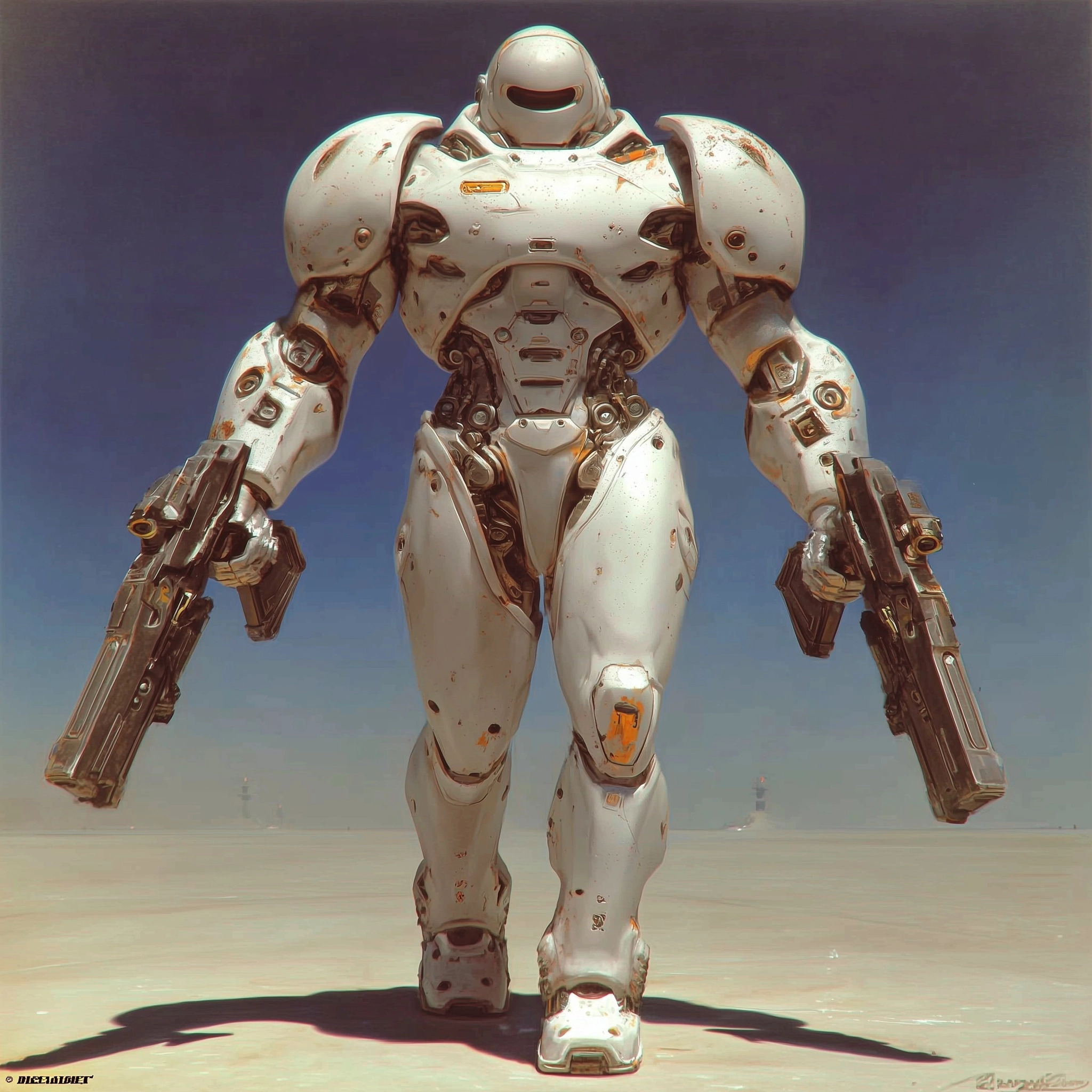 8-foot tall war robot in T-pose, arms extended out horizontally, full body centered