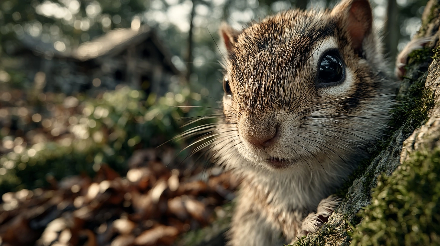 A small squirrel moving playfully on a tree trunk in a peaceful forest