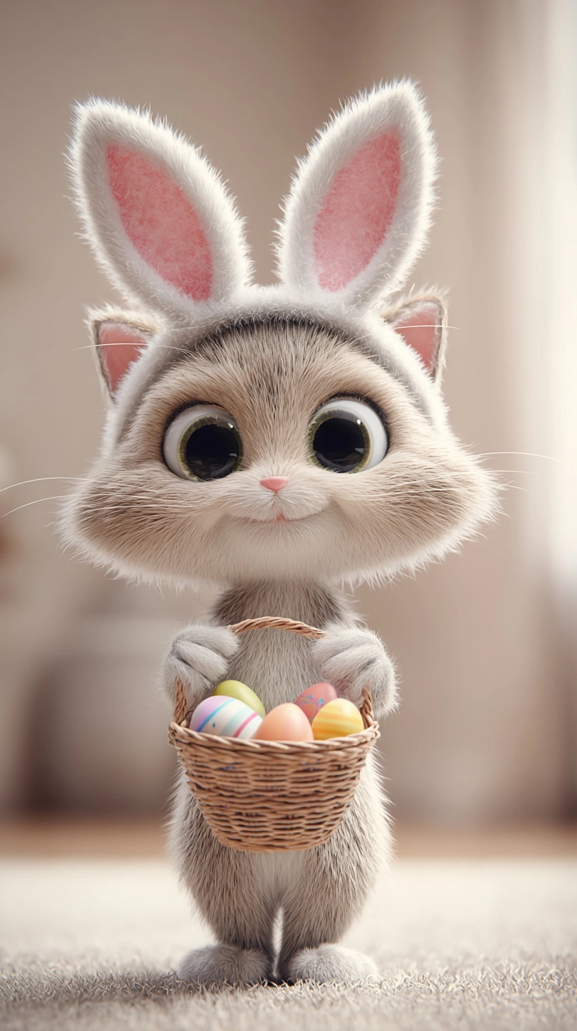 A cute anthropomorphic cat in Easter theme, bunny ear tiara