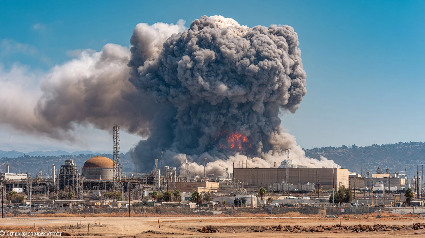 A major incident at a nuclear facility in an inland industrial zone was photographed from a safe dis