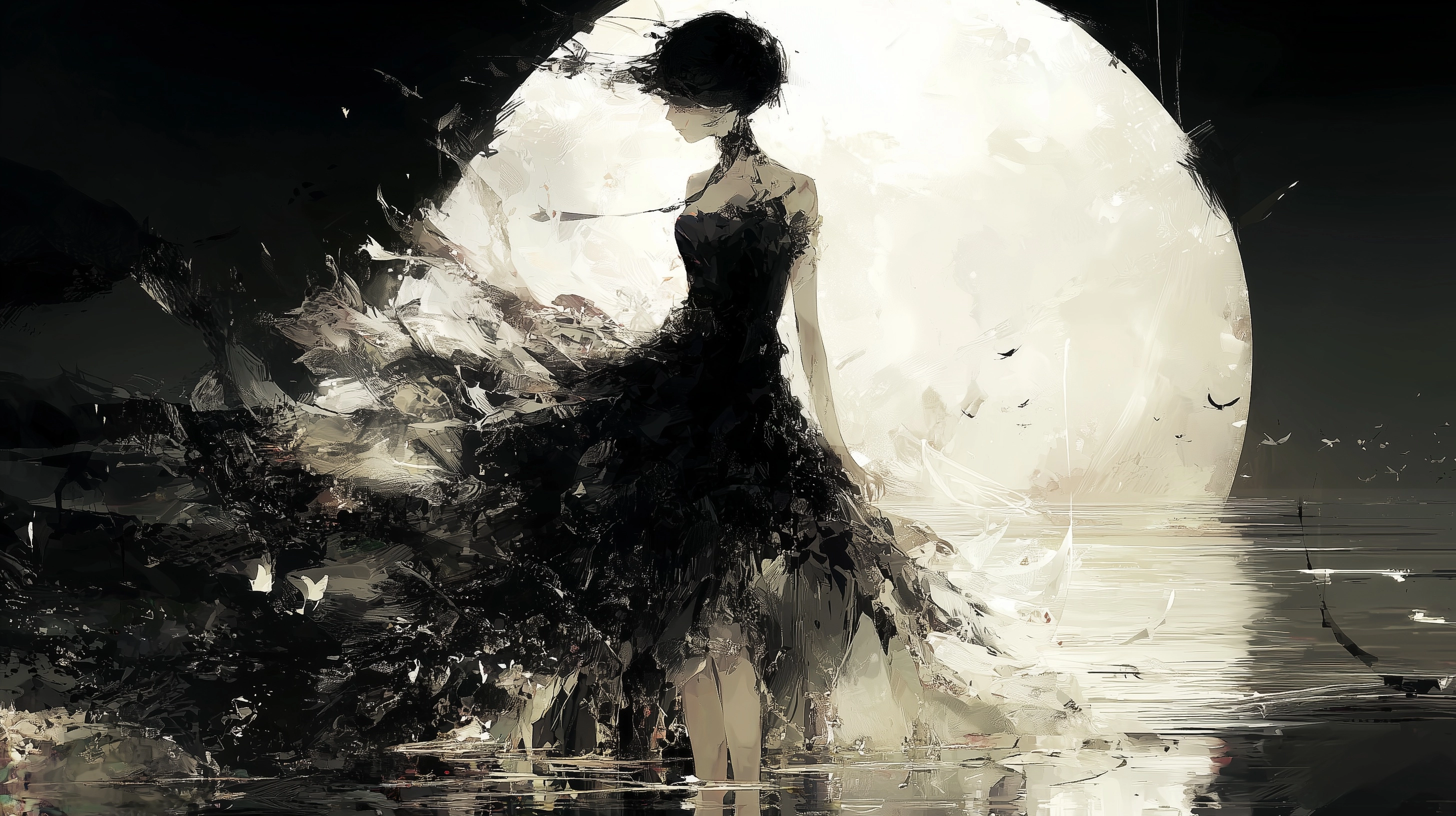 A pale blue moonlit lake at night. A beautiful woman in a black dress stands in the water