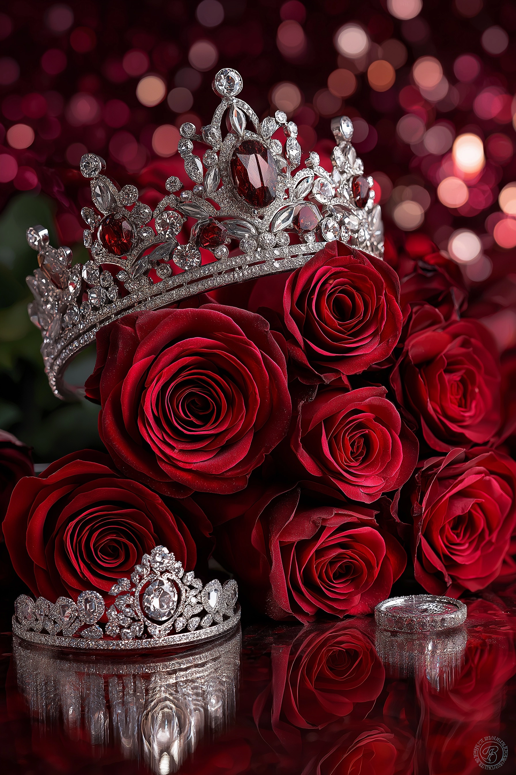 A photograph depicts an elegant crown placed atop a bouquet of red roses in full bloom