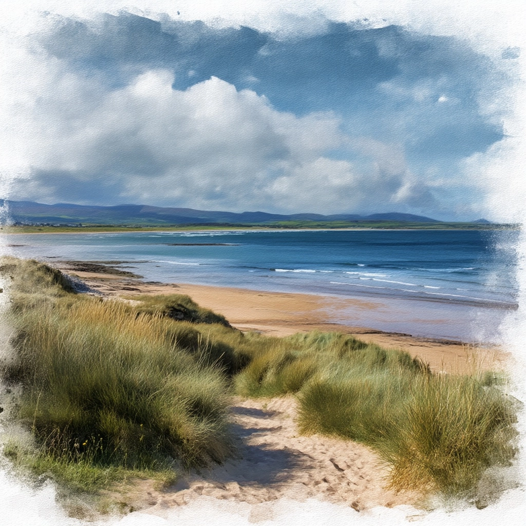 Benone beach on the north coast, looking south across to Donegal on the other side of the strait in