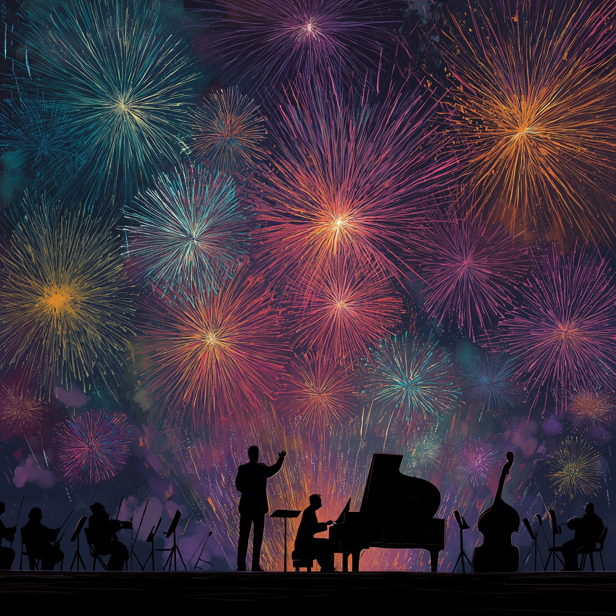 Create a colorful image of firework bursts in the sky with a piano, orchestra conductor, bass