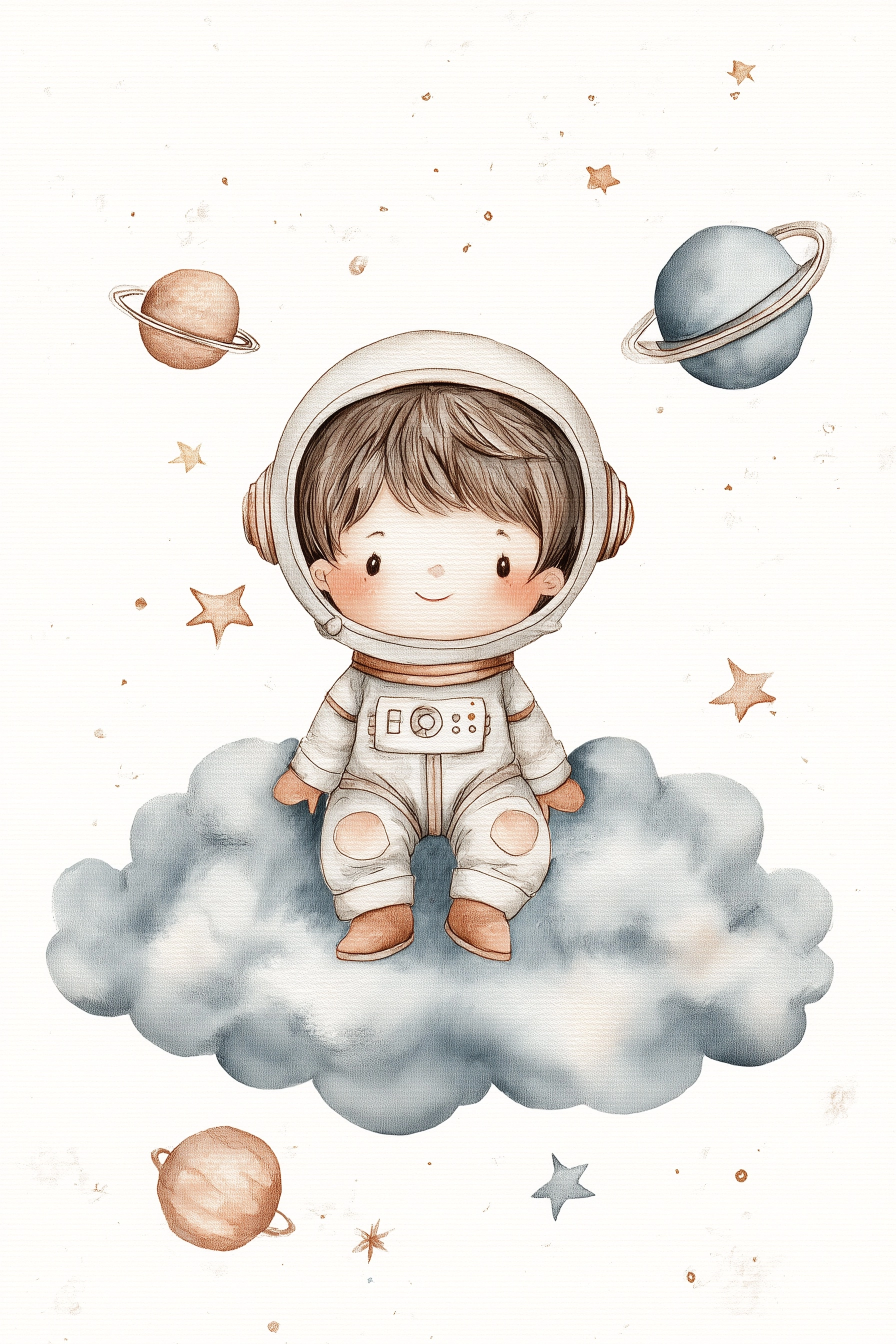 Cute baby astronaut centered on soft cloud, watercolor illustration, pastel neutral tones