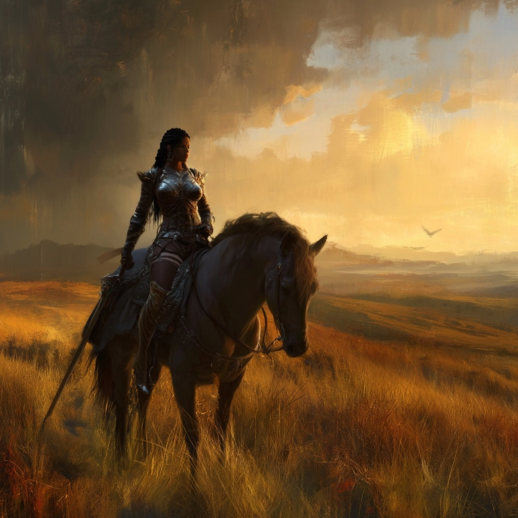 Beautiful black female dark knight from Black Desert Online, middle-aged, braids, curvaceous