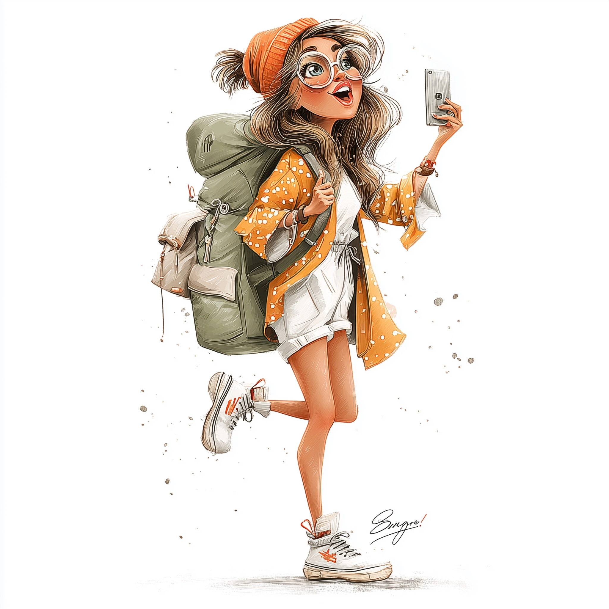 Whimsical funny watercolor clipart of a stylish woman traveler with a backpack, taking a photo