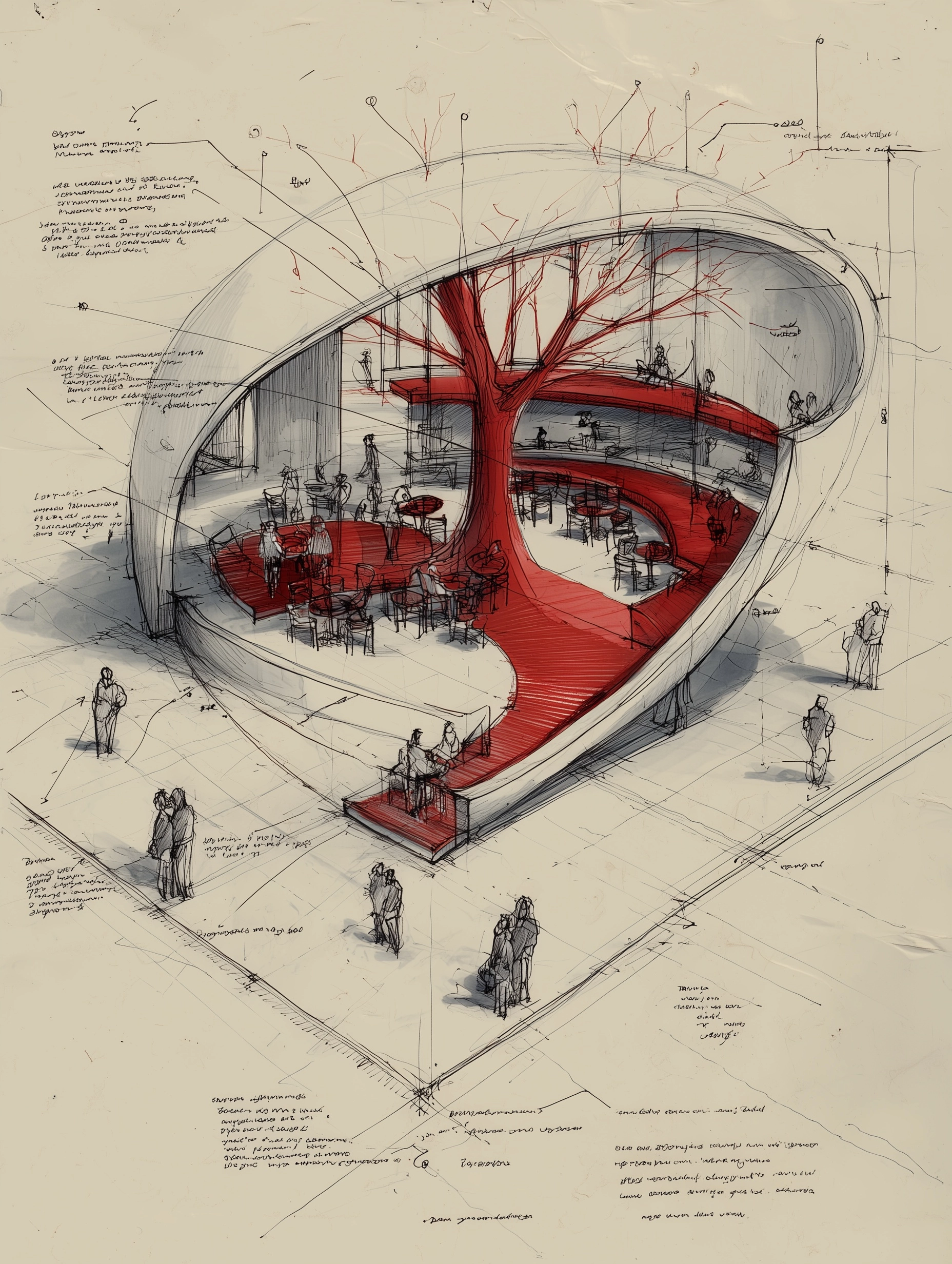 Architectural design, cafeteria, small, minimalistic, in the city, simple curves, zaha hadid