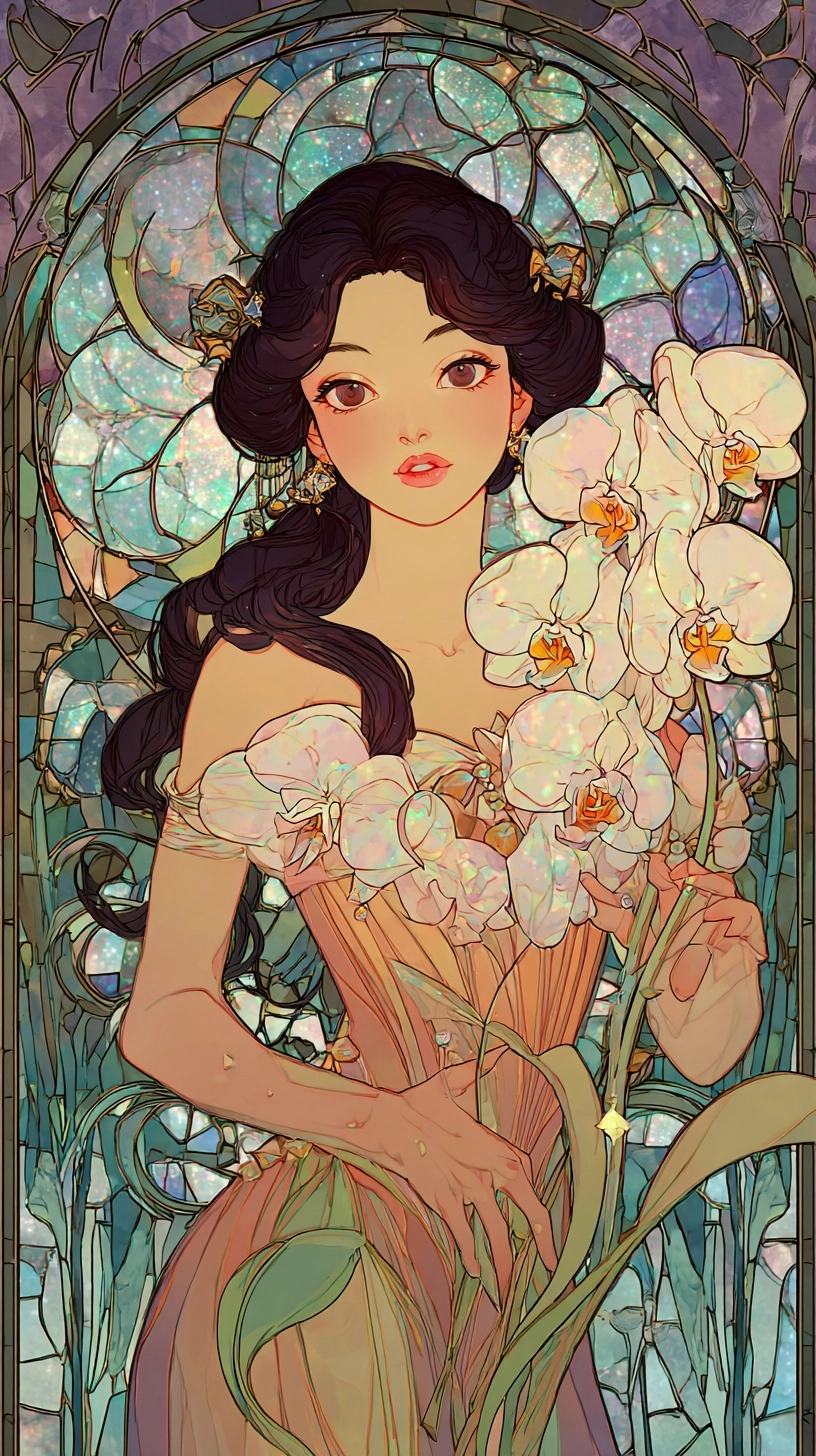 Alphonse Mucha style, A Beautiful lady of image of Aphrodite, queen of orchid, royal