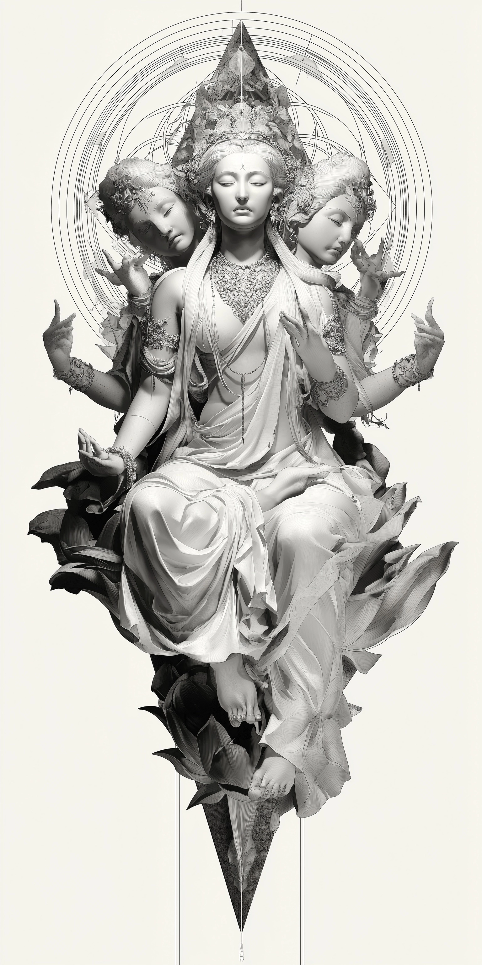 A highly detailed black and white tattoo design of a multi-armed deity with three faces