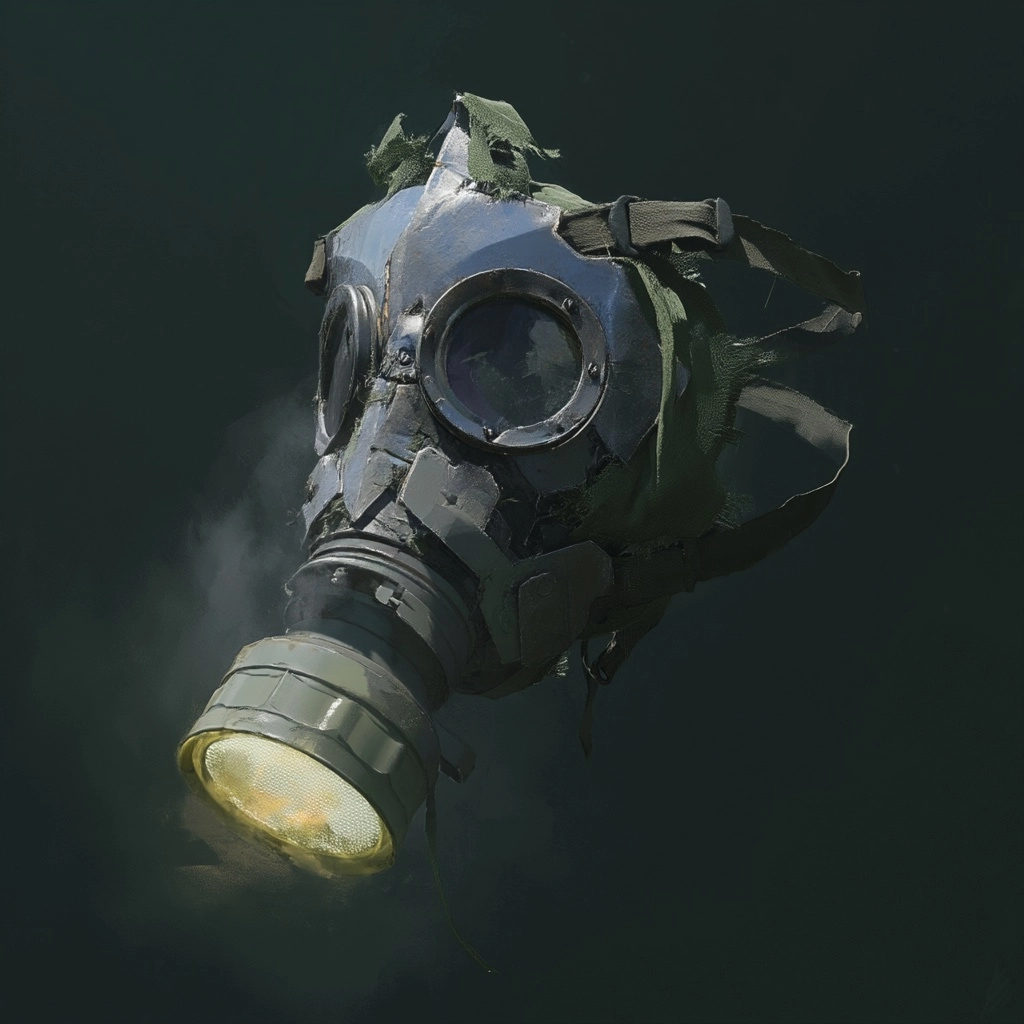 A crude respirator mask made from salvaged metal and cloth straps with a softly glowing filtration c