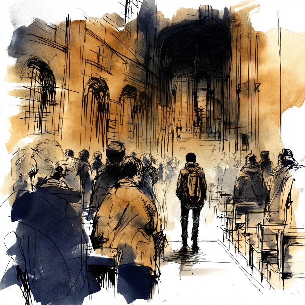Editorial ink and watercolour illustration. Bold black ink outlines with loose
