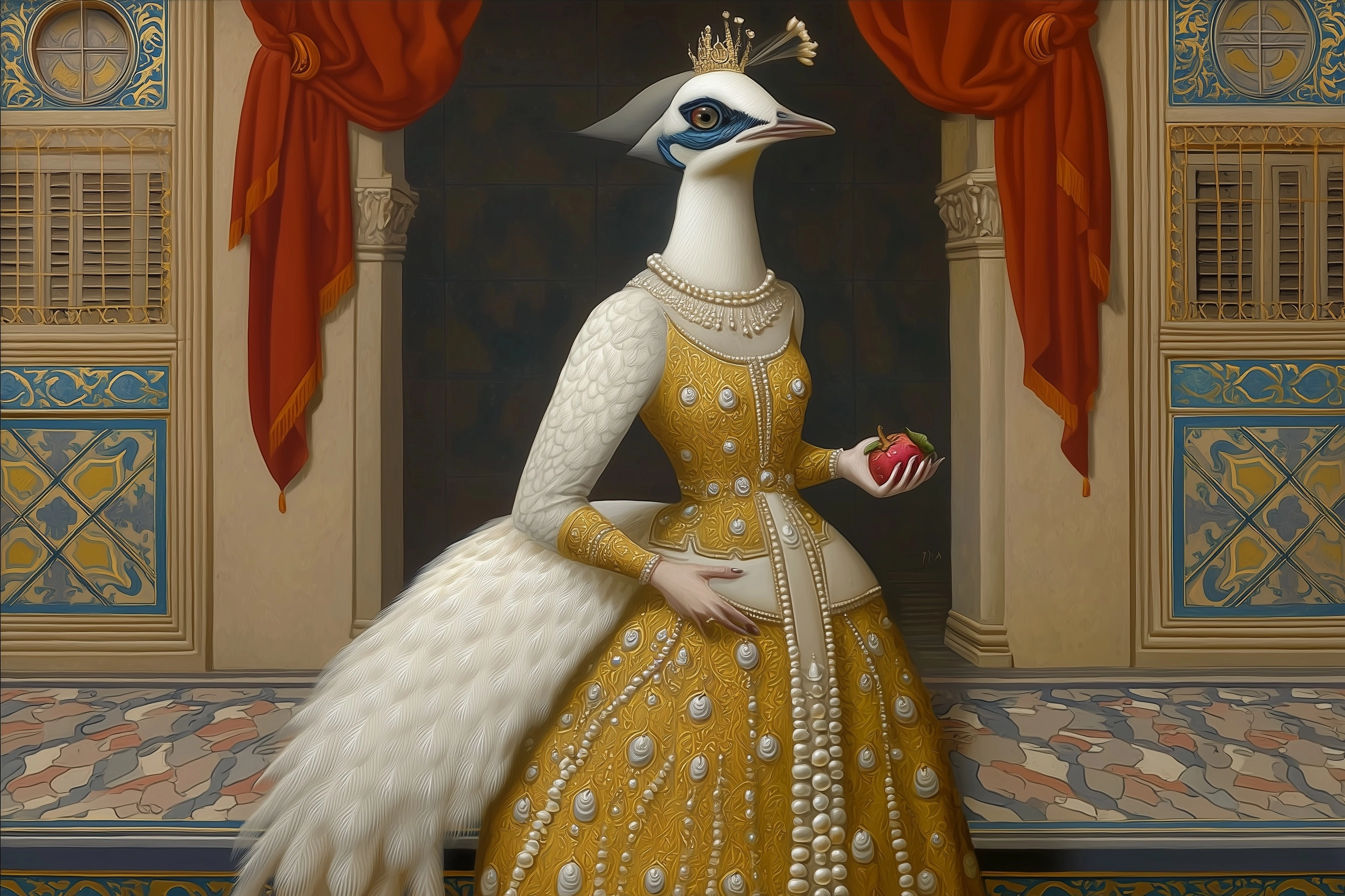Detailed painting, A regal anthropomorphic white peacock with elegant