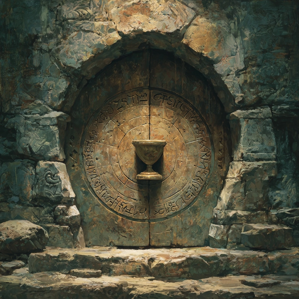 DnD art. Oil painting style. A sealed stone door with a small carved chalice at its centre. Inscript