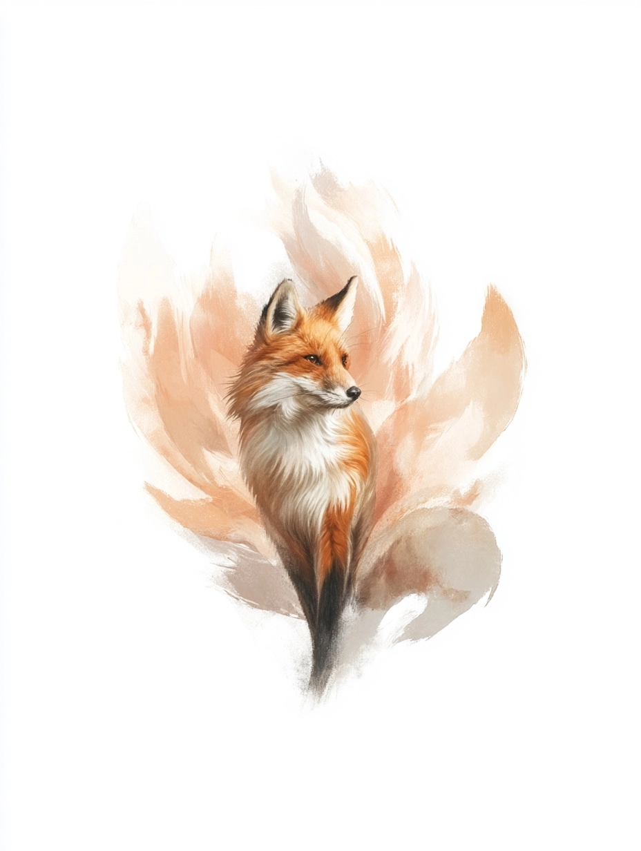 Tattoo, realistic, abstract, nine-tailed fox in enchanted forest, sumi-e style