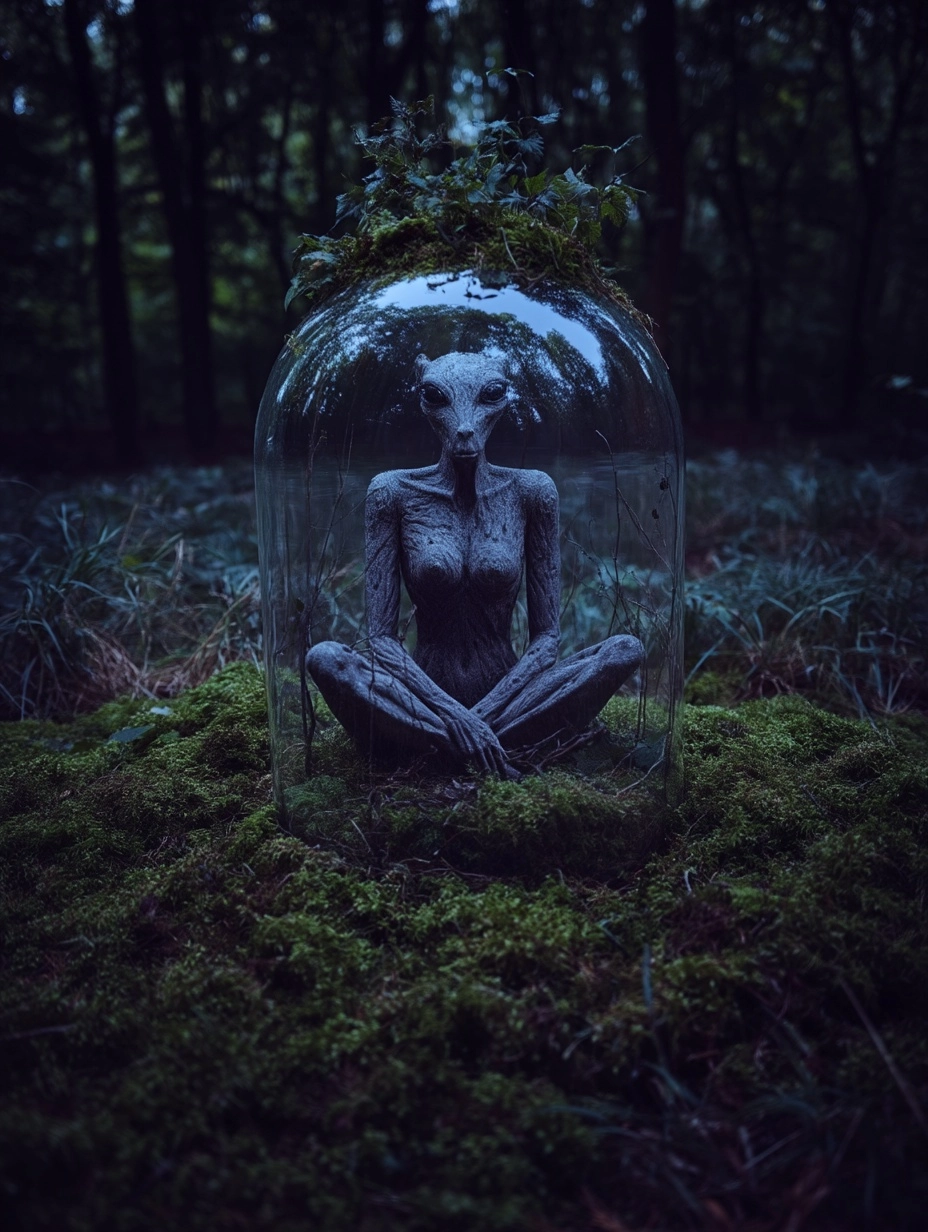 A dark, eerie photograph of an anthropomorphic female creature sitting on the mossy ground under a g