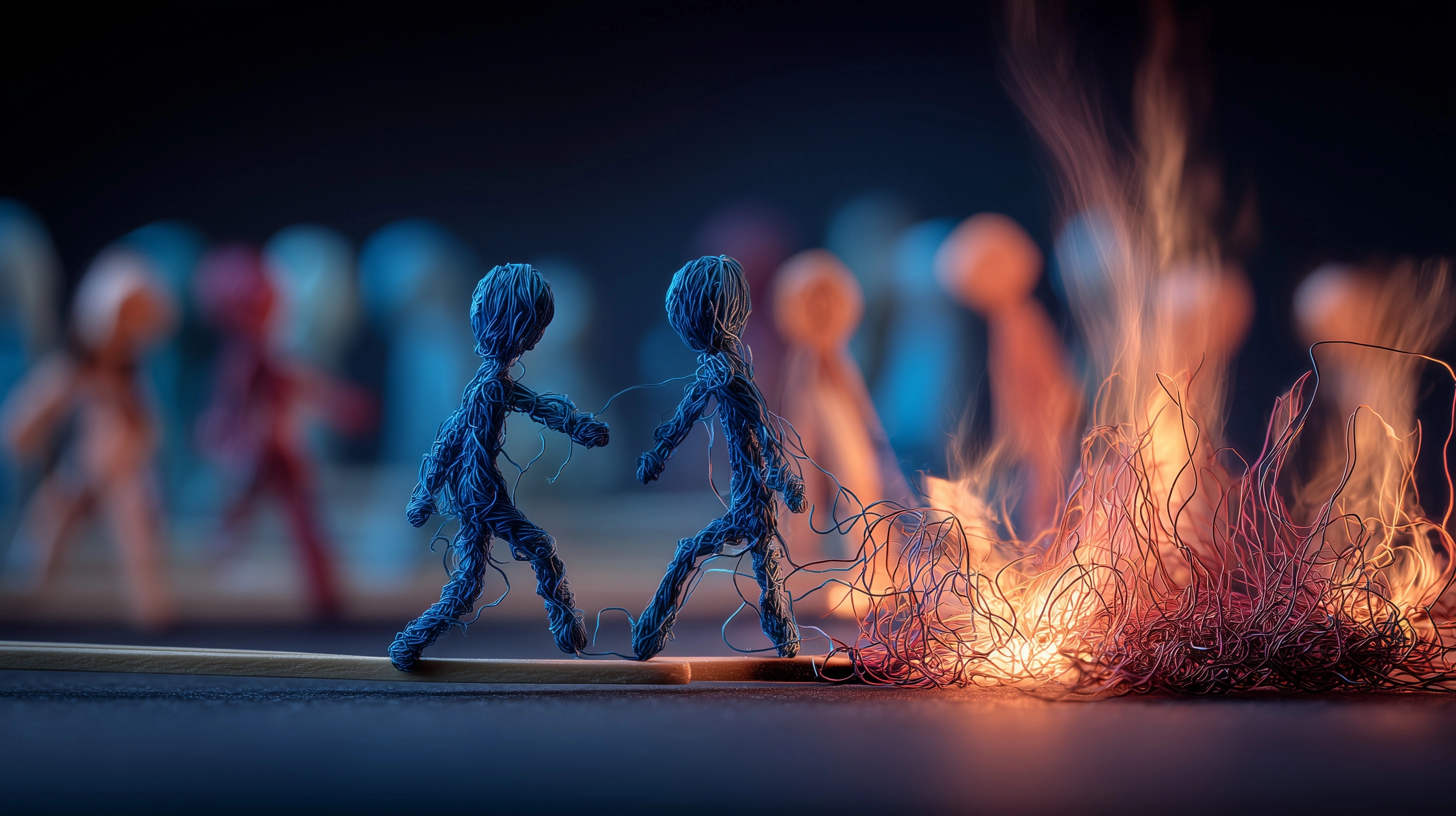 A few kid-like blue-colored matchstick-figures walk among some burning matchstick-figures