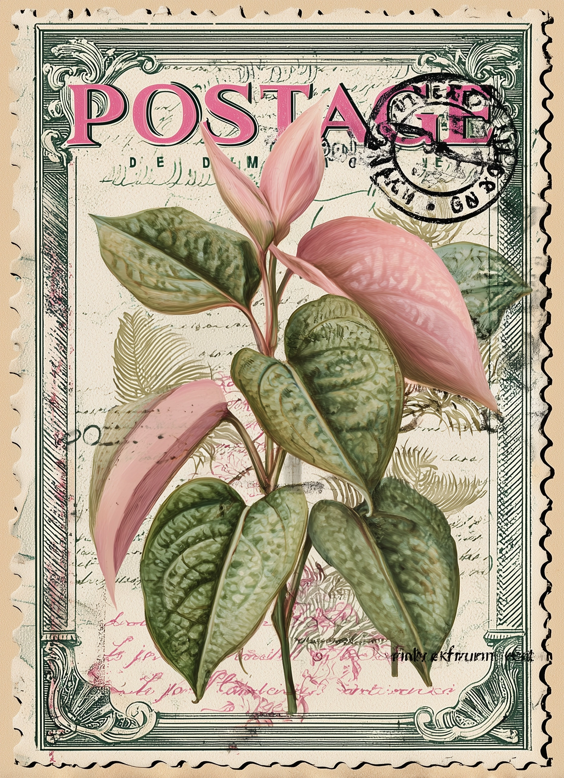 Illustration of pink and green hologram leaves with text under the leaves, in a vintage style