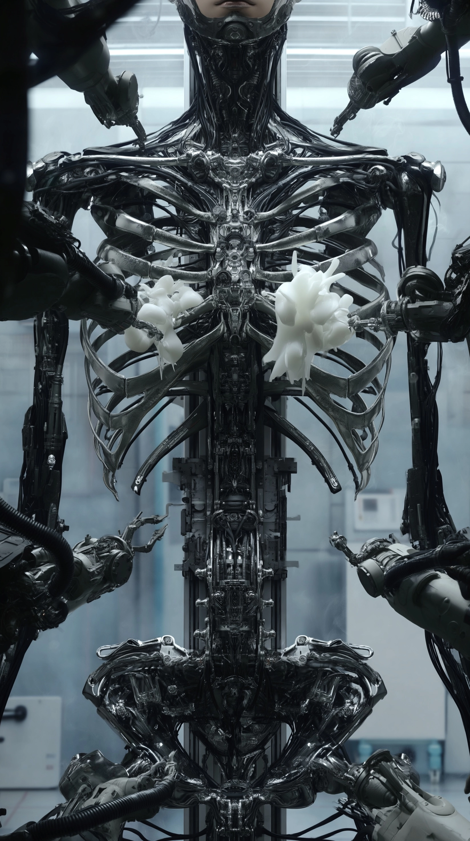 A female humanoid biomechanical skeleton fixed on a vertical assembly platform in a sterile futurist