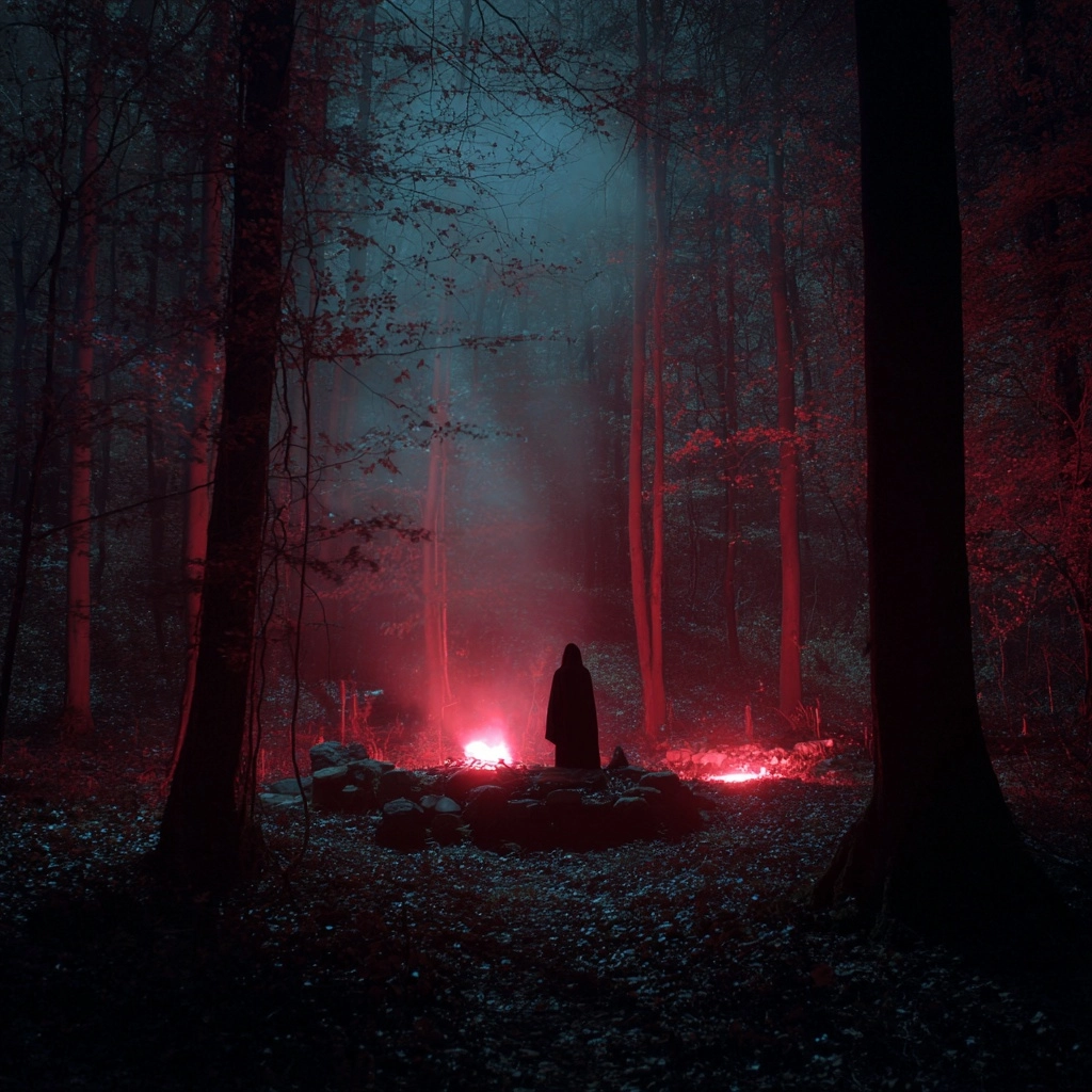 Satanic ritual in the forest at night very eerie