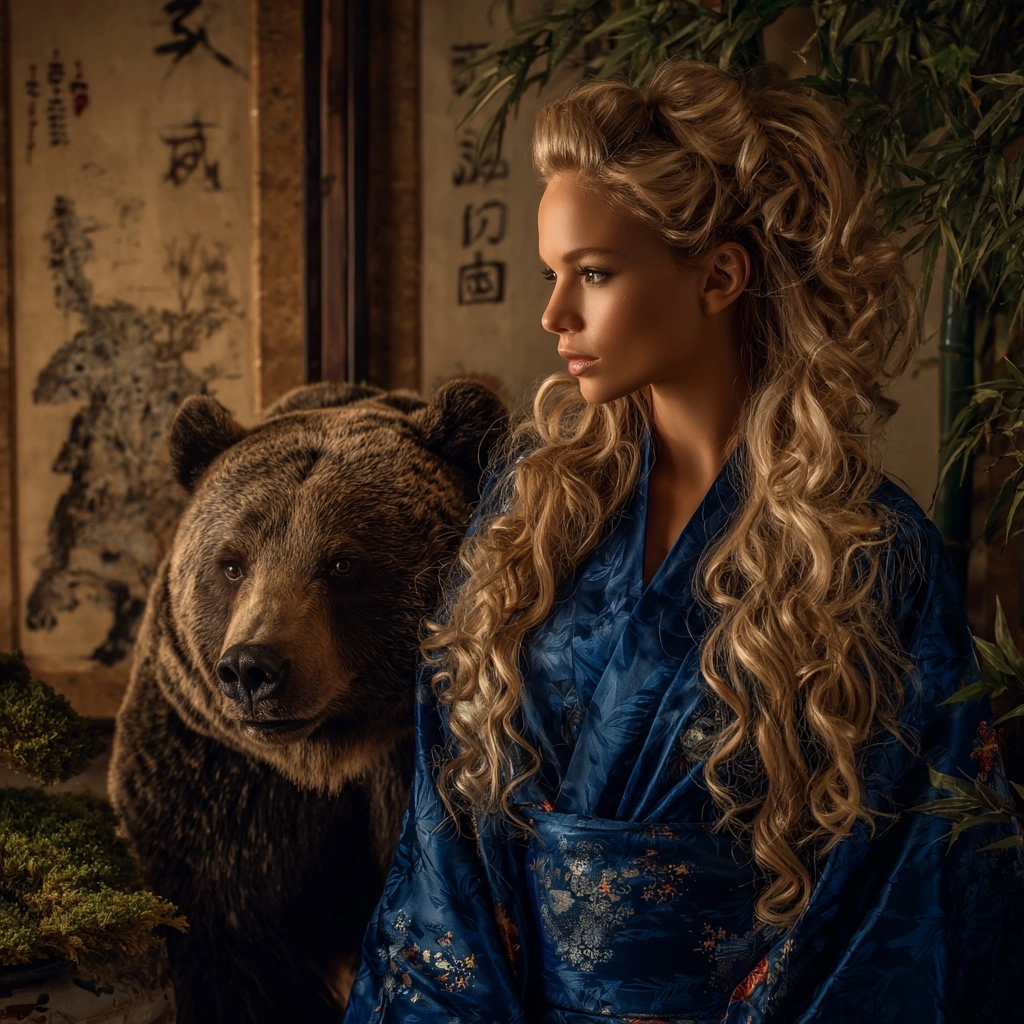 A woman with really long curly ash blond hair in a royal blue Japanese dress next to a Japanese bear