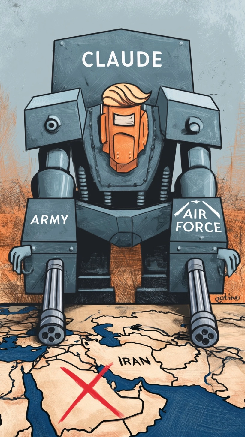 Political satire cartoon of a robot named "Claude" aiming 2 guns at a map of the Middle East