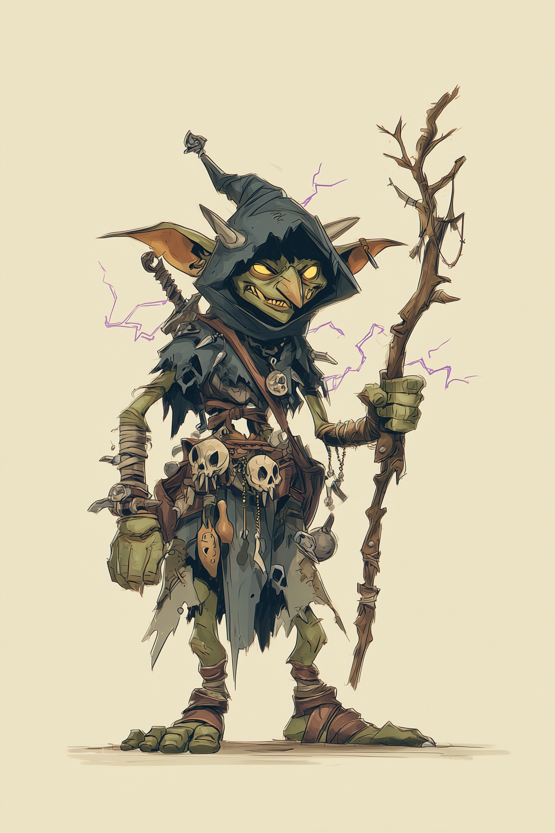 Full-body goblin warlock, dark fantasy goblin spellcaster, lean and bony, oversized ears