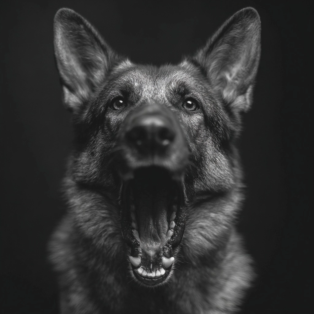 An agressive german shepard violently barking at camera with a black and white filter and high contr