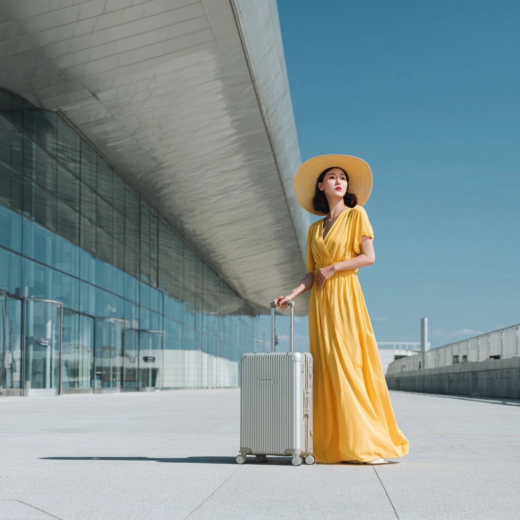 Full body fashion editorial shot of a young Korean woman wearing a long flowing yellow resort dress