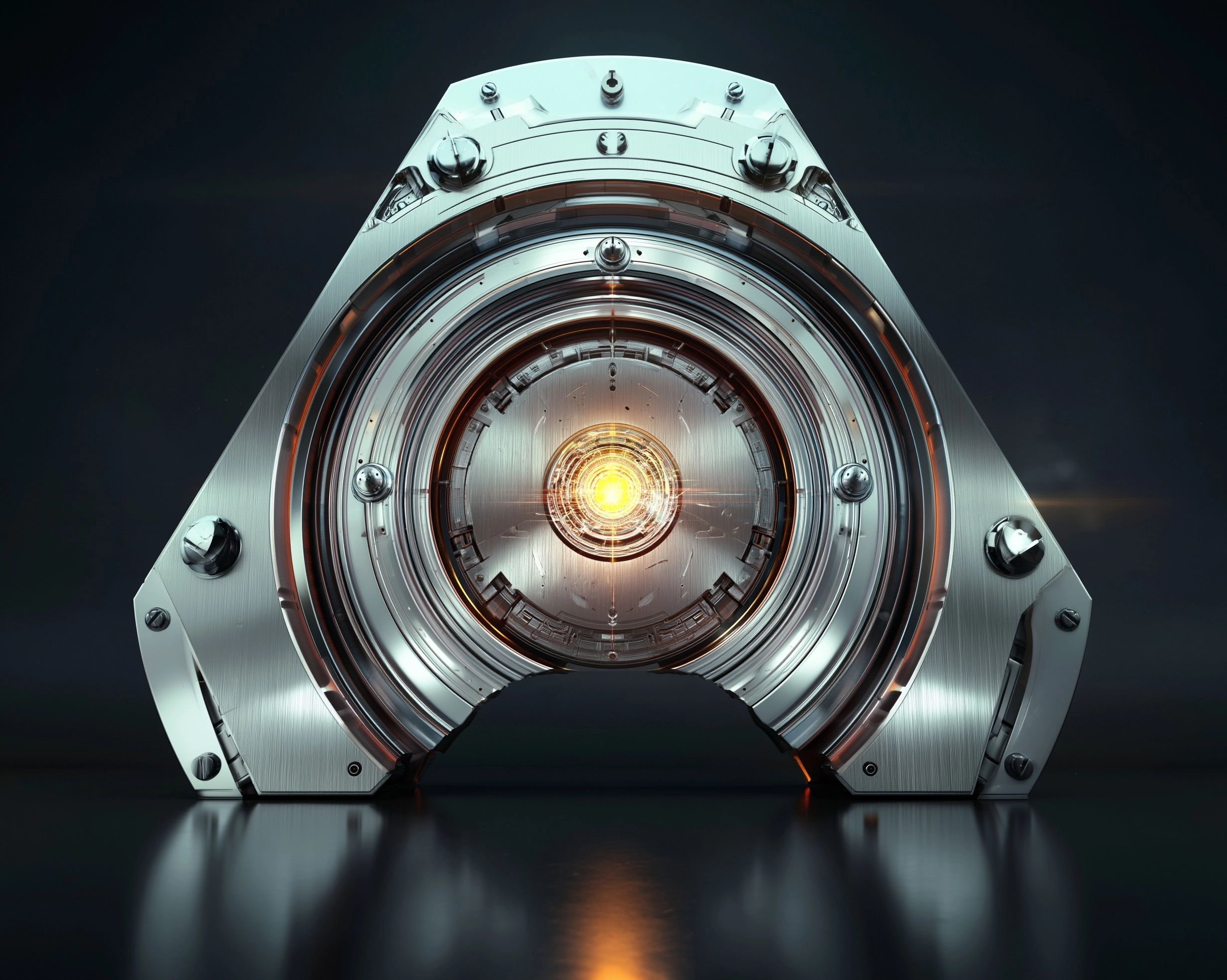 Macro close-up of a futuristic mechanical core shaped like an abstract A, circular metal rings