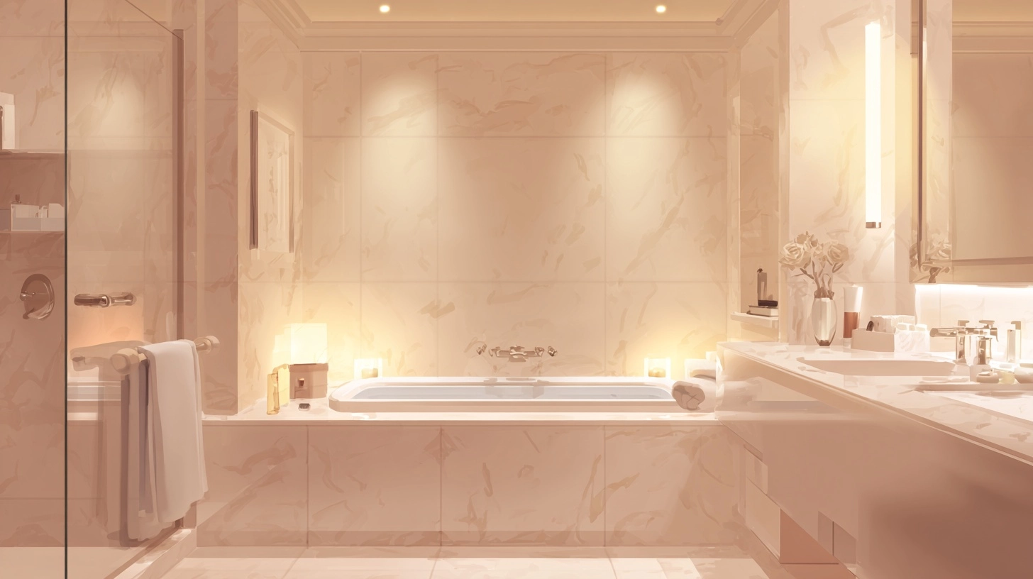 A stylized luxury bathroom interior at night, warm soft lighting